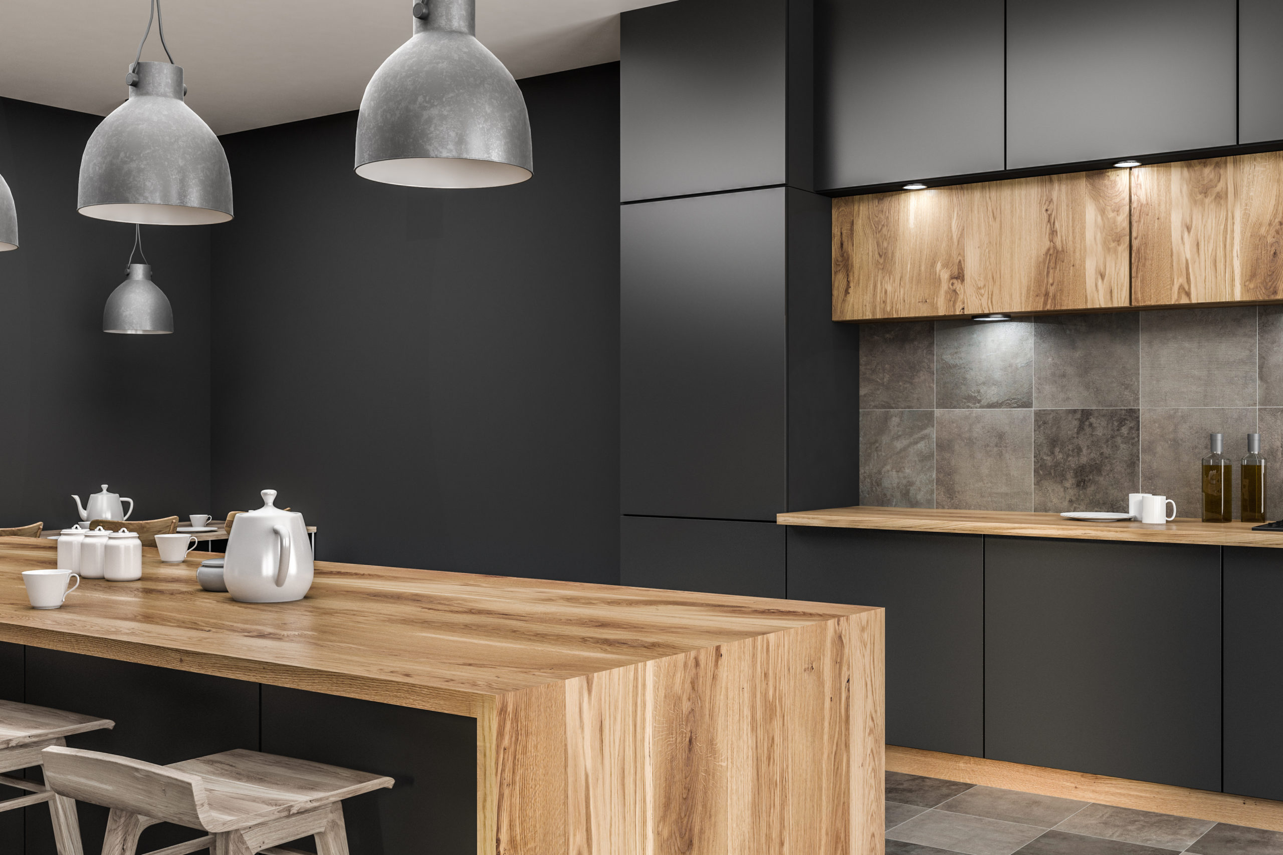 Gray kitchen corner with bar close up