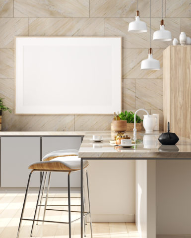 Mock up poster in cozy kitchen interior, Scandinavian style, 3d render